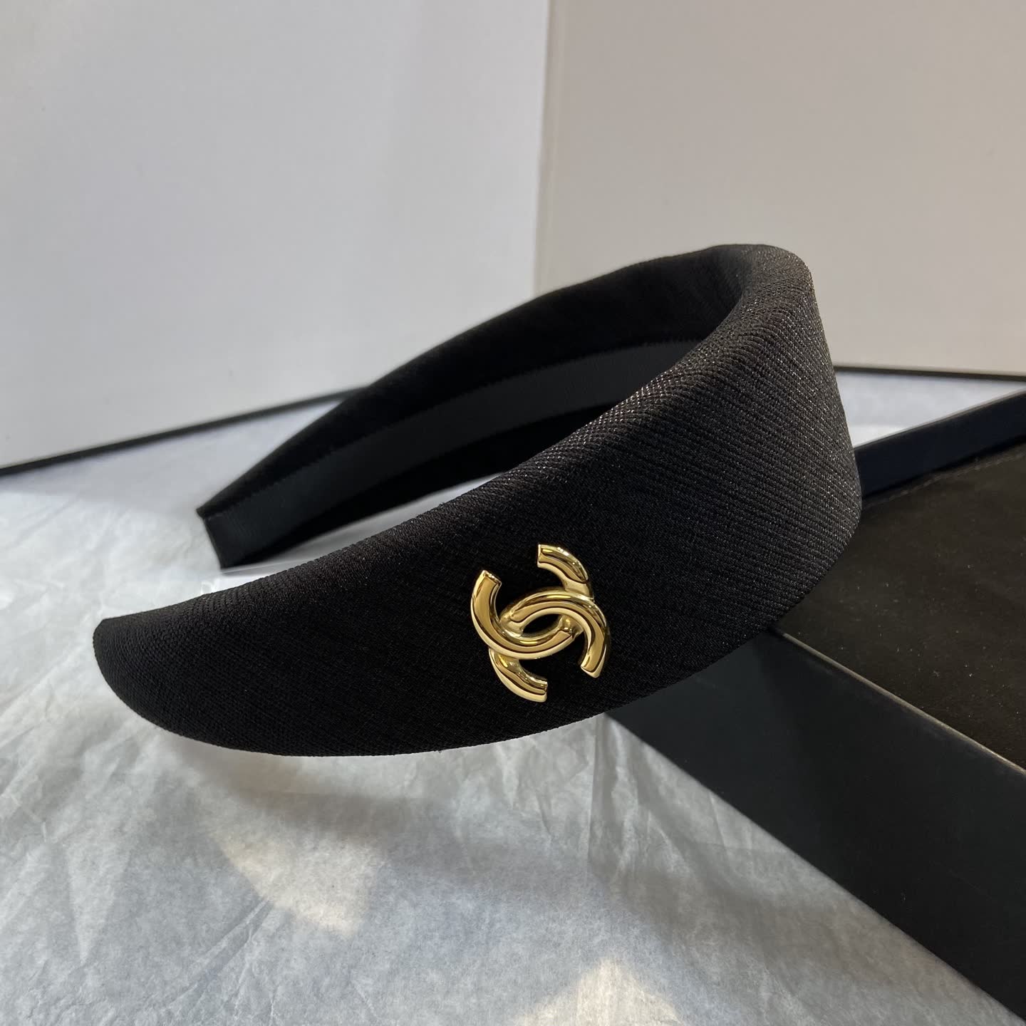 Chanel Black Satin Headband with Gold Logo